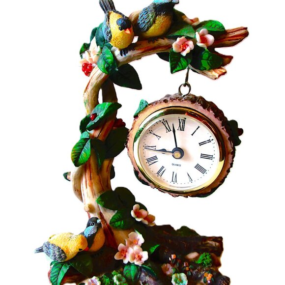 Ceramic Yellow & blue birds flowering tree with hanging branch clock replacable - Picture 2 of 8